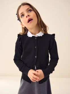 Black Cotton Rich Frill Shoulder School Cardigan (3-16yrs)