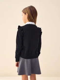 Black Cotton Rich Frill Shoulder School Cardigan (3-16yrs)