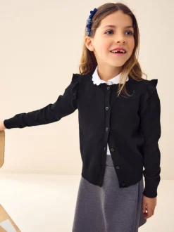 Black Cotton Rich Frill Shoulder School Cardigan (3-16yrs)