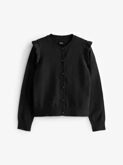 Black Cotton Rich Frill Shoulder School Cardigan (3-16yrs)