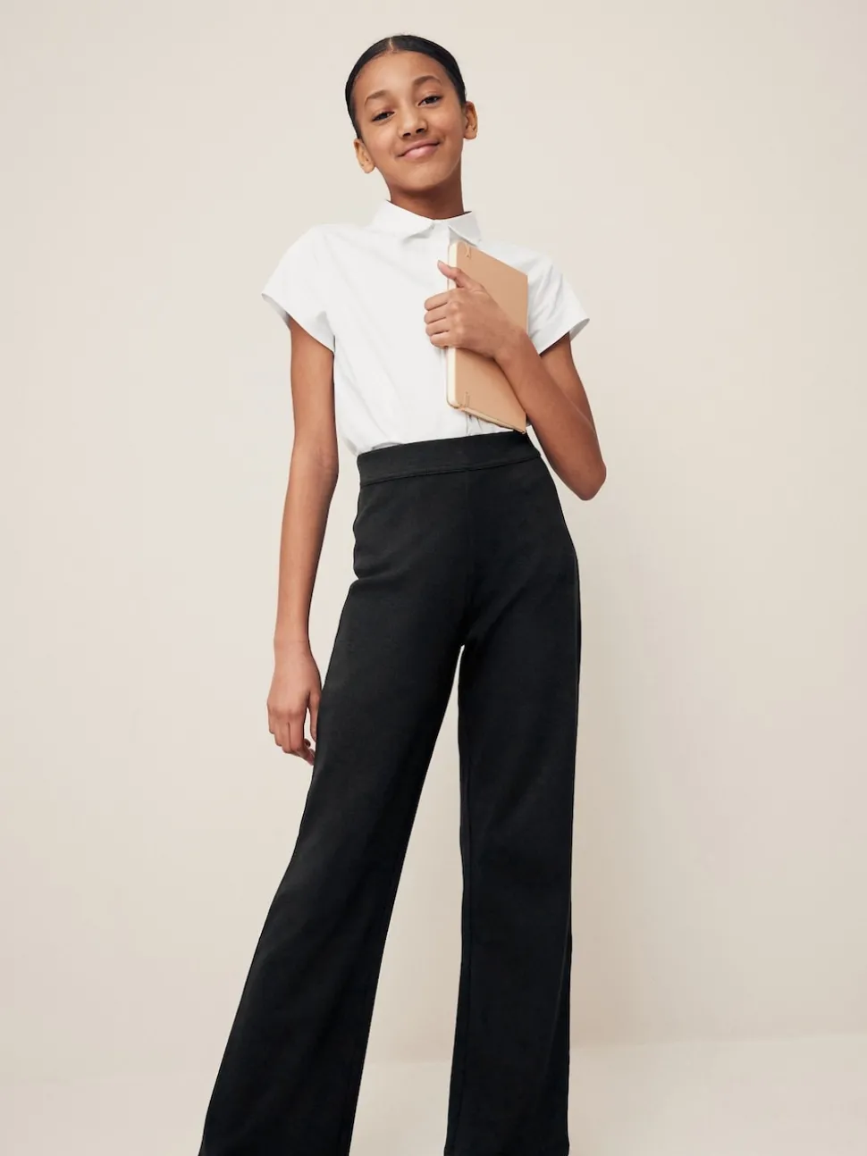 Black Cotton Rich Jersey Stretch Pull On High Waist Boot Cut School Trousers (9-17yrs)