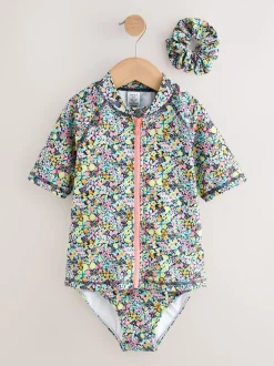 Black Ditsy Floral Sunsafe Rash Vest Bikini And Scrunchie Swim Set (3-16yrs)