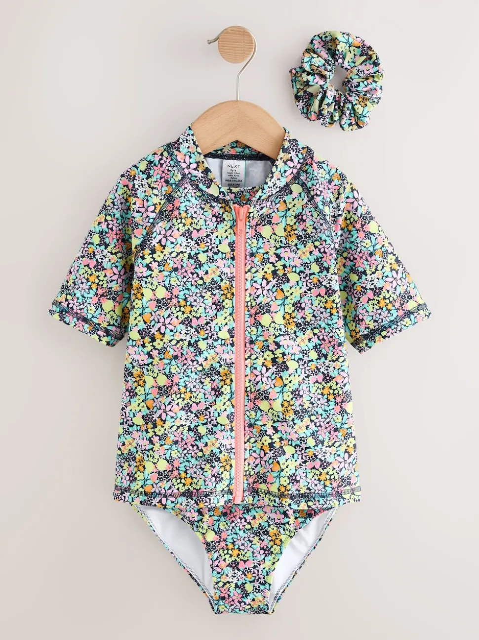 Black Ditsy Floral Sunsafe Rash Vest Bikini And Scrunchie Swim Set (3-16yrs)