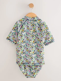 Black Ditsy Floral Sunsafe Rash Vest Bikini And Scrunchie Swim Set (3-16yrs)
