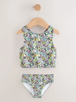 Black Ditsy Floral Sunsafe Rash Vest Bikini And Scrunchie Swim Set (3-16yrs)