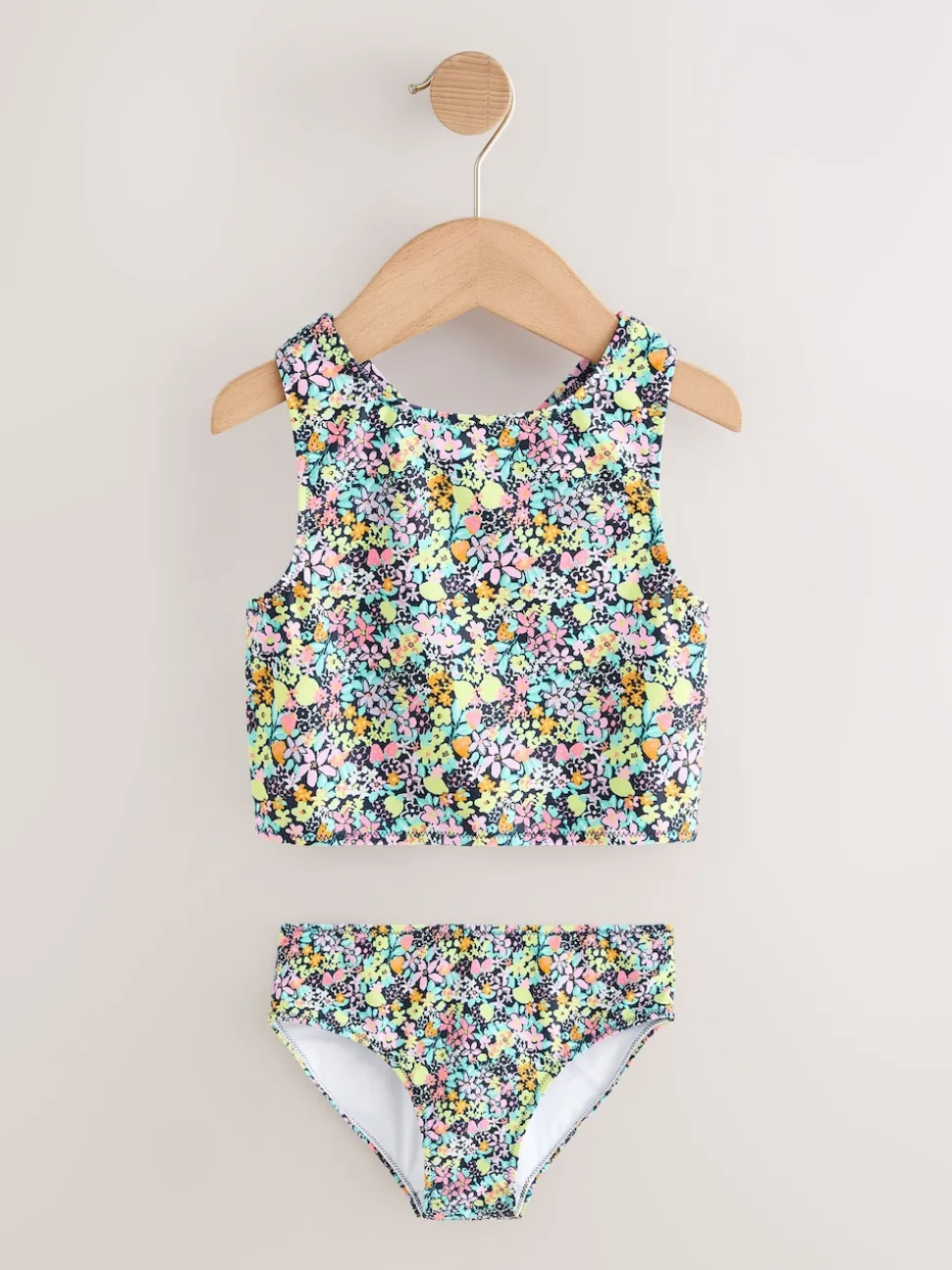 Black Ditsy Floral Sunsafe Rash Vest Bikini And Scrunchie Swim Set (3-16yrs)