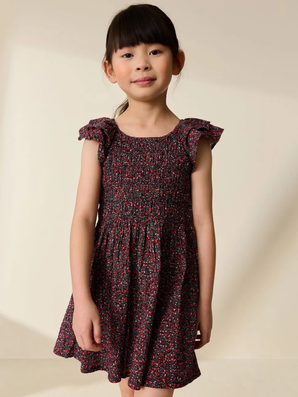 Black Ditsy Smocked Frill Sleeve Dress (3-16yrs)