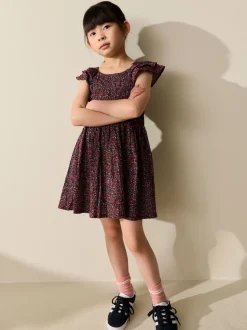 Black Ditsy Smocked Frill Sleeve Dress (3-16yrs)