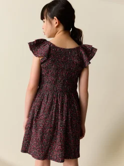Black Ditsy Smocked Frill Sleeve Dress (3-16yrs)