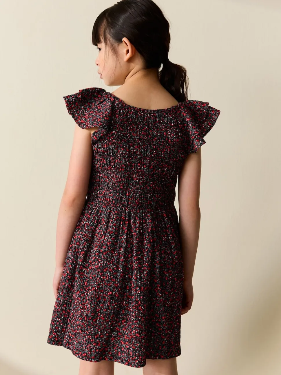 Black Ditsy Smocked Frill Sleeve Dress (3-16yrs)
