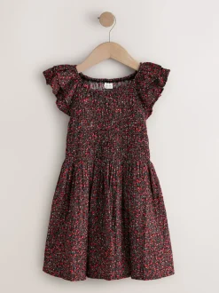 Black Ditsy Smocked Frill Sleeve Dress (3-16yrs)
