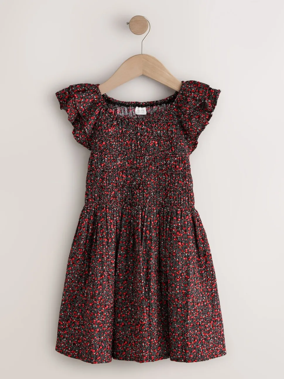Black Ditsy Smocked Frill Sleeve Dress (3-16yrs)