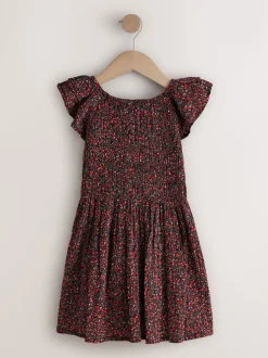Black Ditsy Smocked Frill Sleeve Dress (3-16yrs)