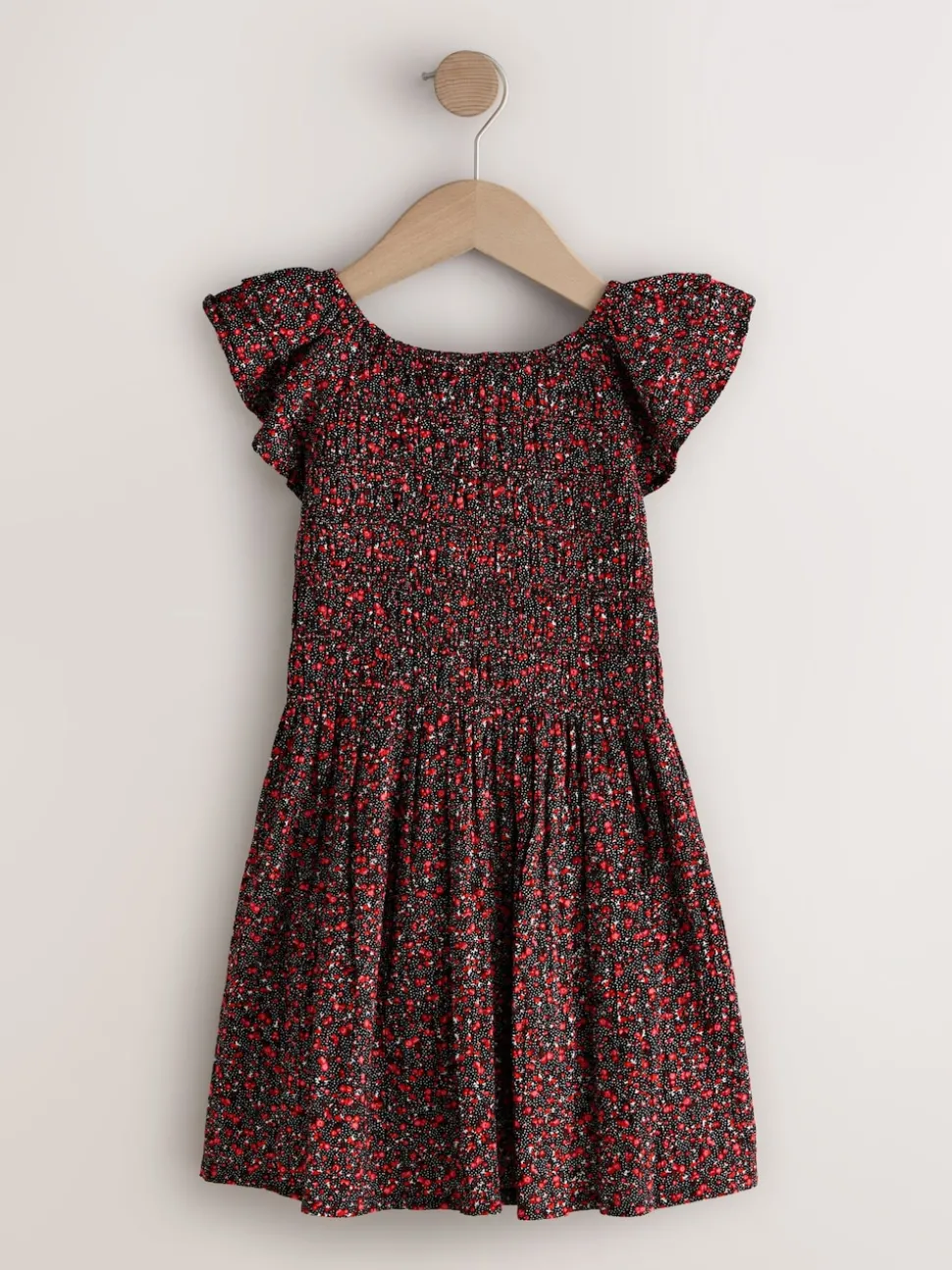 Black Ditsy Smocked Frill Sleeve Dress (3-16yrs)
