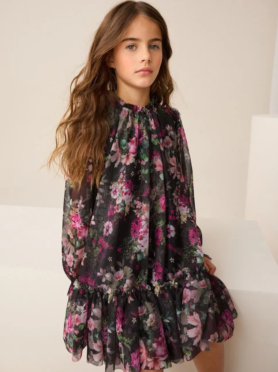 Black Floral Long Sleeve Mesh Party Dress (3-16yrs)