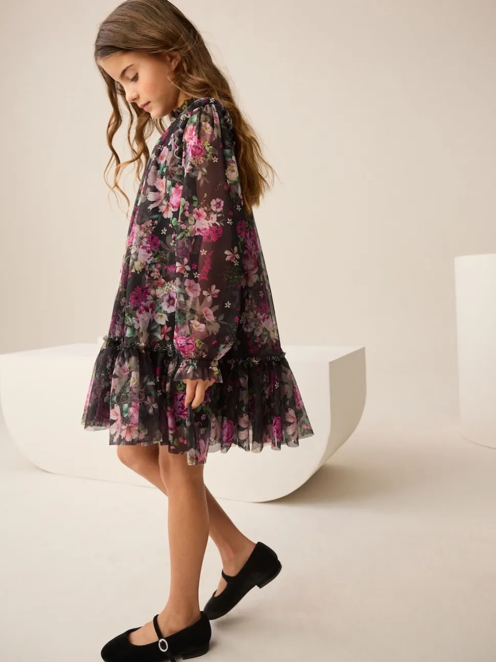 Black Floral Long Sleeve Mesh Party Dress (3-16yrs)