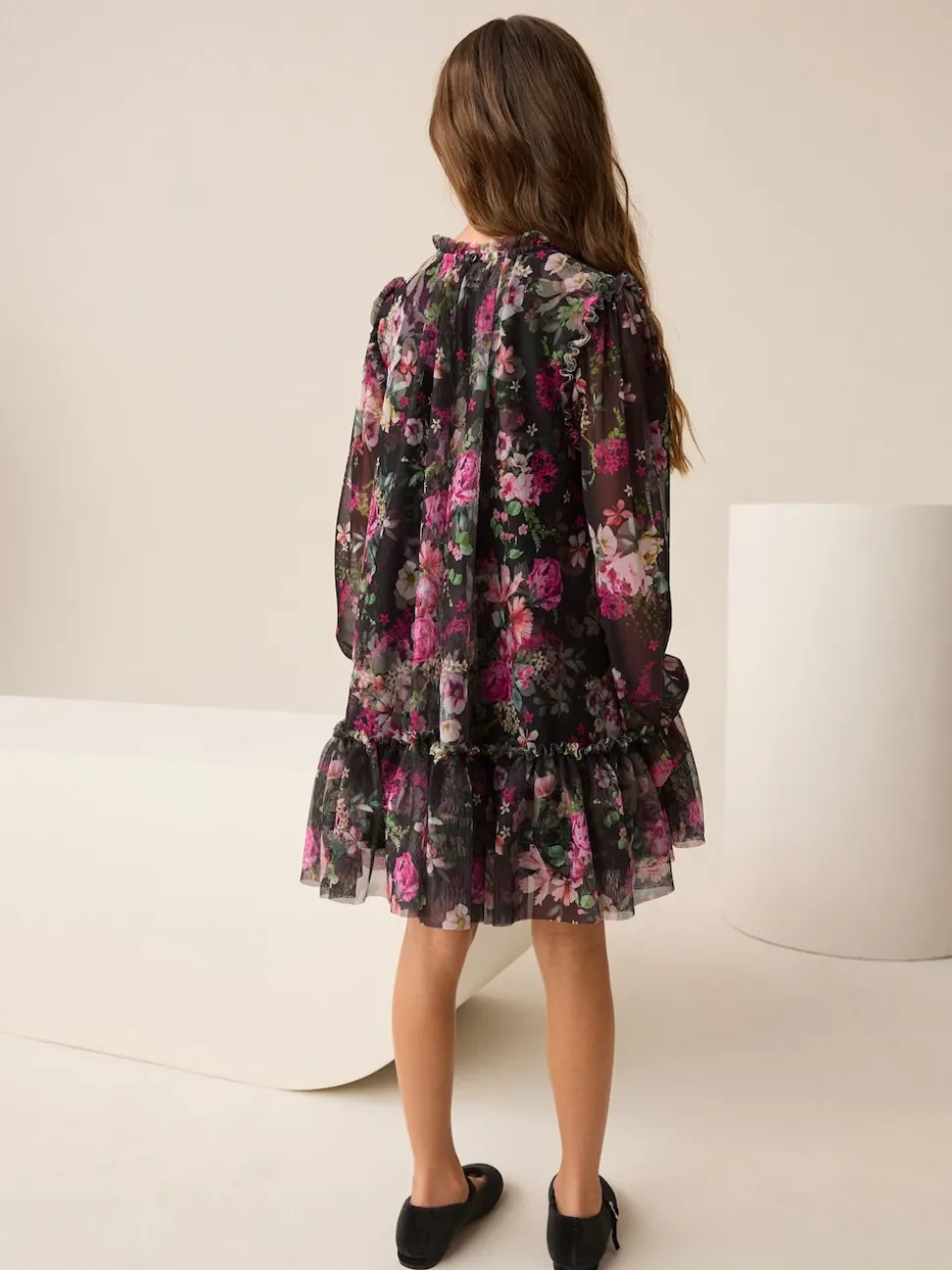 Black Floral Long Sleeve Mesh Party Dress (3-16yrs)