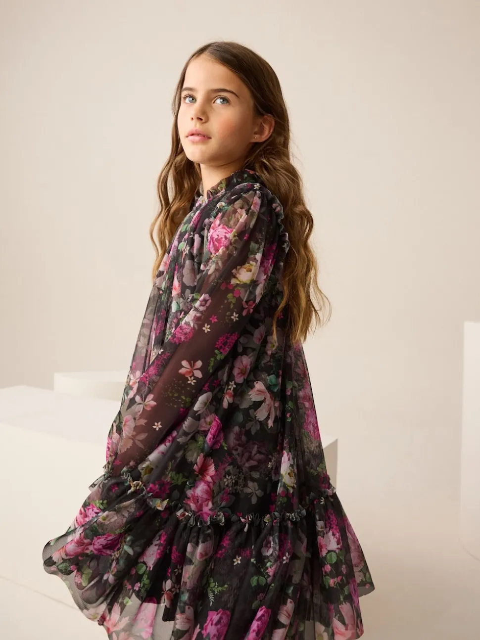 Black Floral Long Sleeve Mesh Party Dress (3-16yrs)