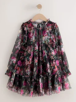 Black Floral Long Sleeve Mesh Party Dress (3-16yrs)