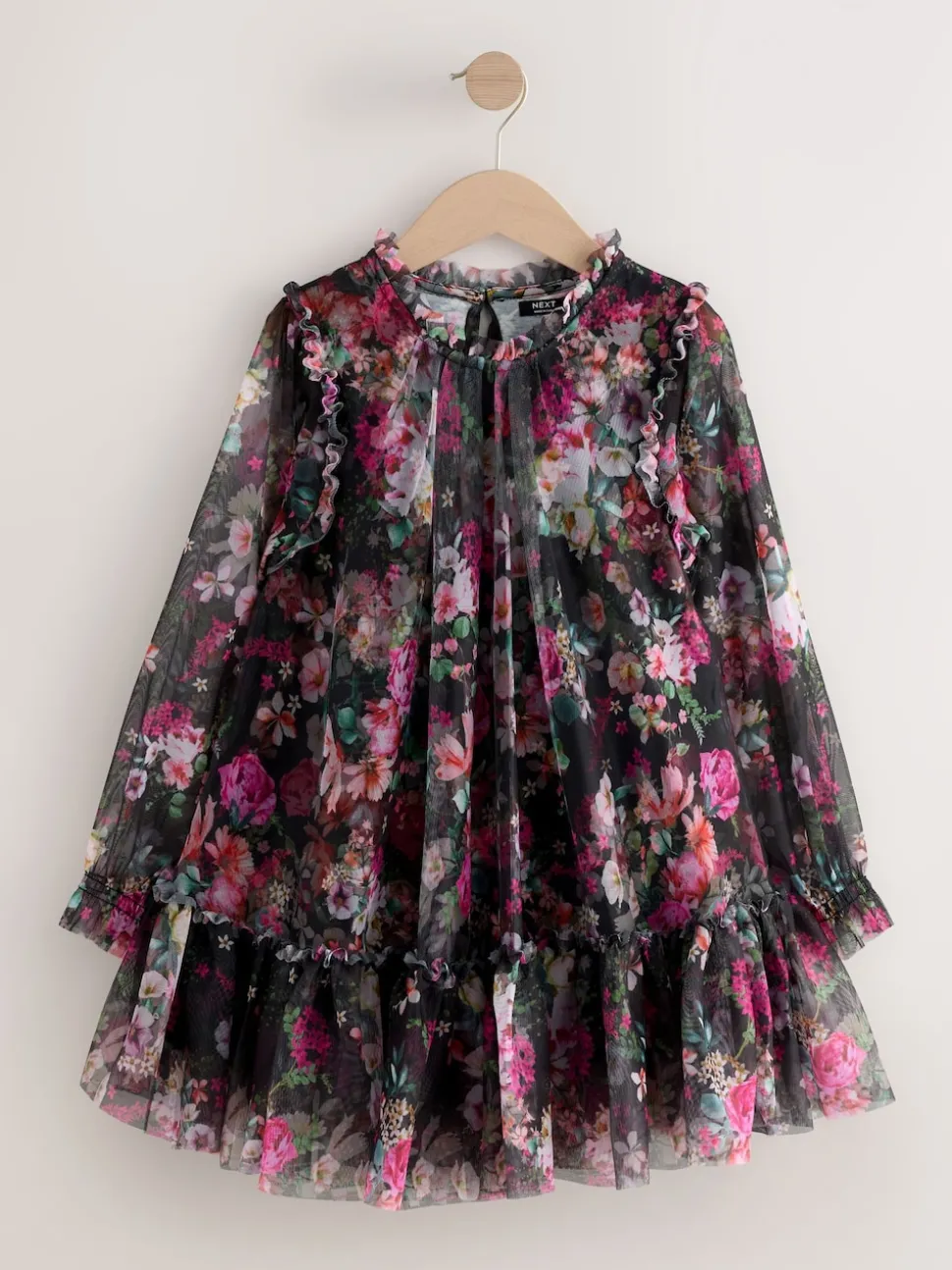 Black Floral Long Sleeve Mesh Party Dress (3-16yrs)