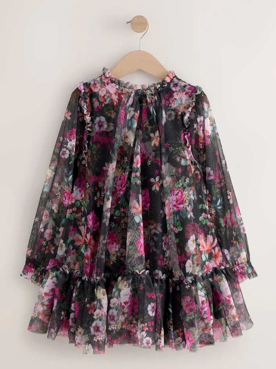 Black Floral Long Sleeve Mesh Party Dress (3-16yrs)