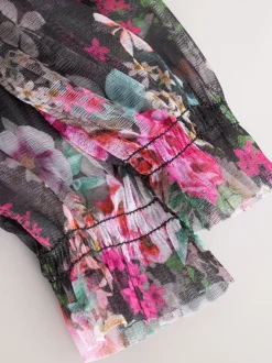 Black Floral Long Sleeve Mesh Party Dress (3-16yrs)