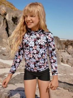 Black Floral Long Sleeve Sunsafe Rash Vest And Shorts Set (3-16yrs)