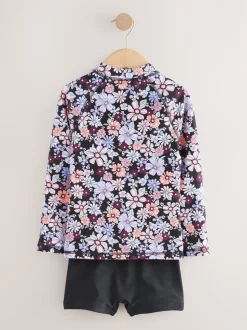 Black Floral Long Sleeve Sunsafe Rash Vest And Shorts Set (3-16yrs)