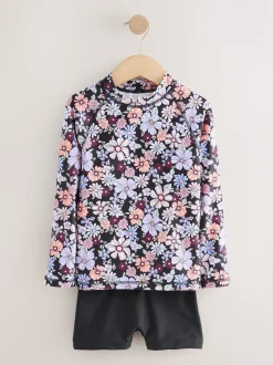 Black Floral Long Sleeve Sunsafe Rash Vest And Shorts Set (3-16yrs)
