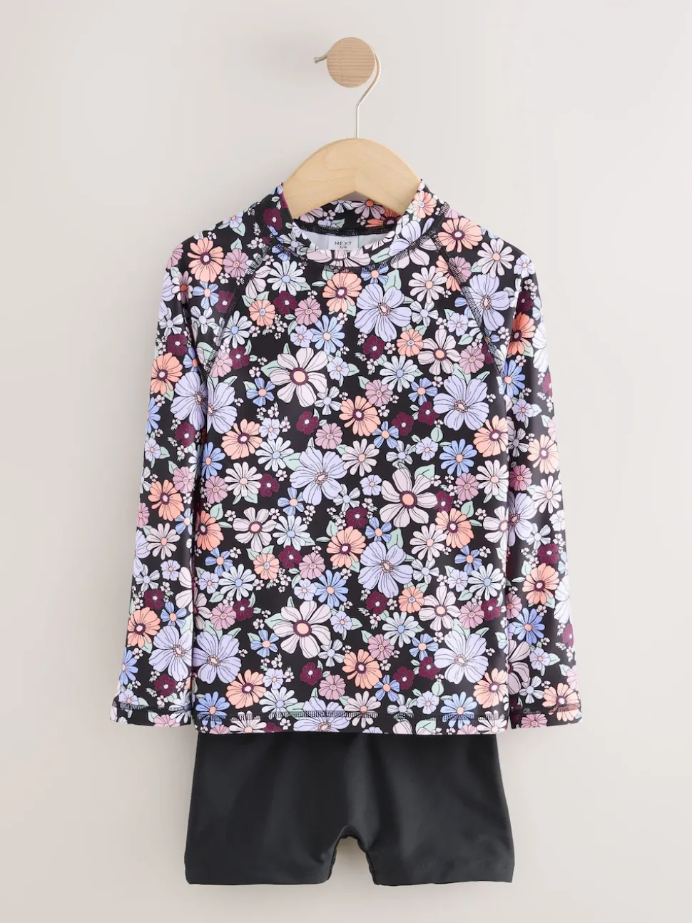 Black Floral Long Sleeve Sunsafe Rash Vest And Shorts Set (3-16yrs)