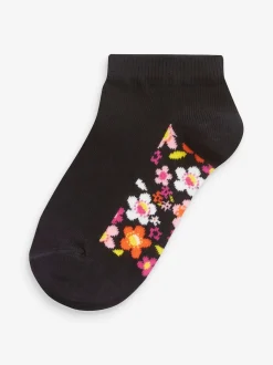 Black Floral 5 Pack Cotton Rich Footbed Trainer Socks