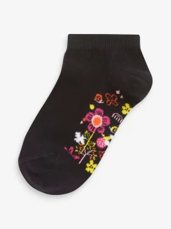 Black Floral 5 Pack Cotton Rich Footbed Trainer Socks