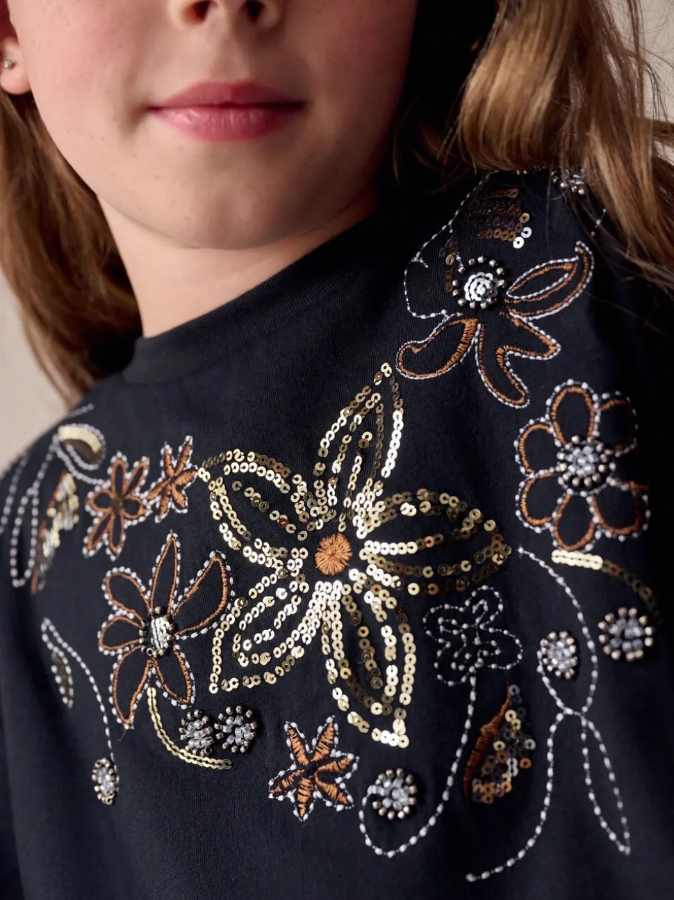 Black Floral Sequin T-Shirt (3-16yrs)