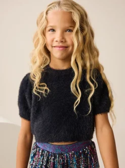 Black Fluffy Short Sleeve Top (3-16yrs)