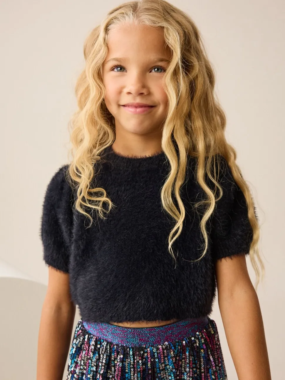 Black Fluffy Short Sleeve Top (3-16yrs)