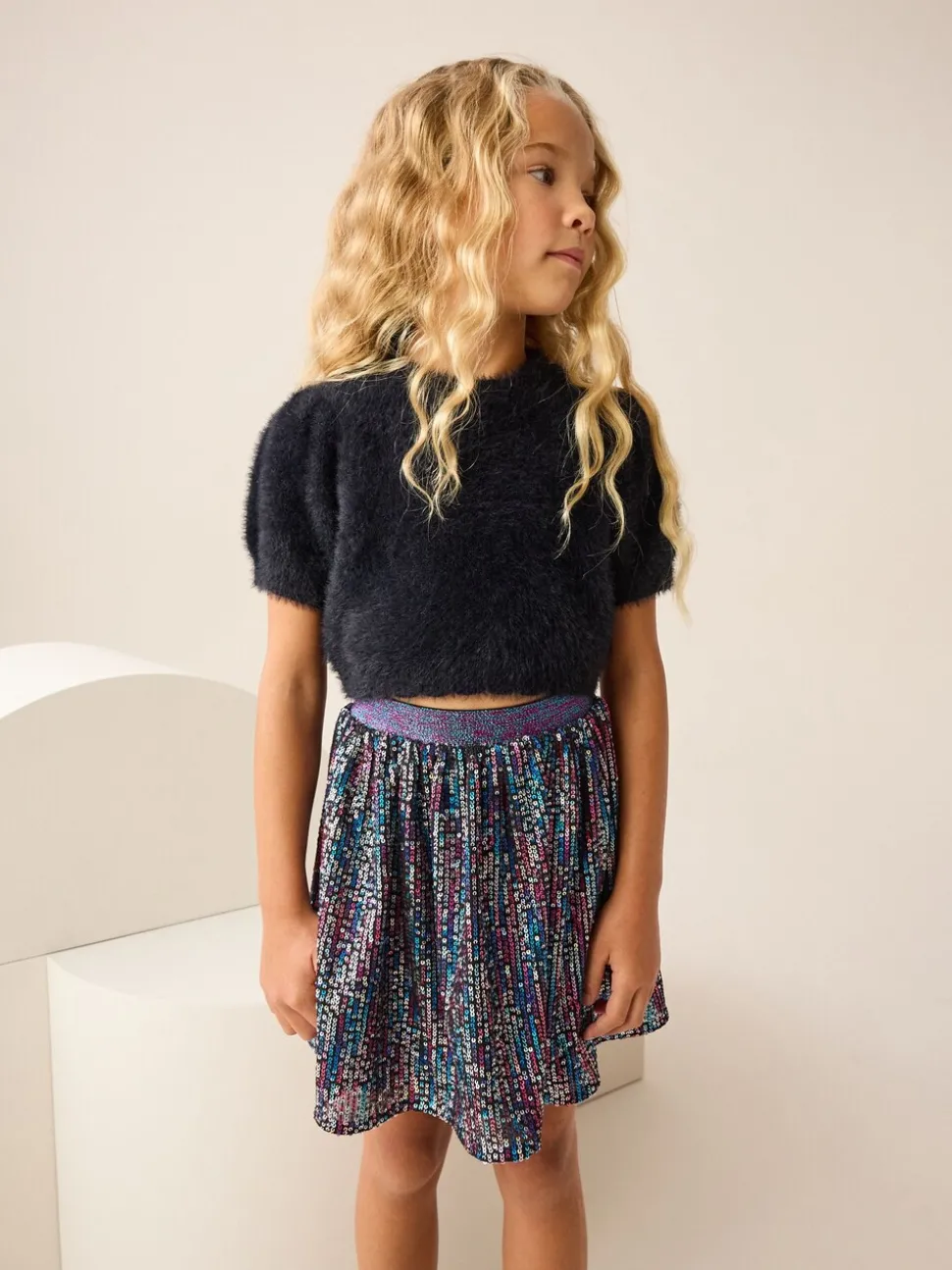 Black Fluffy Short Sleeve Top (3-16yrs)