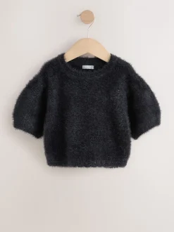 Black Fluffy Short Sleeve Top (3-16yrs)