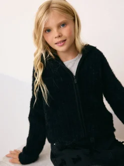 Black Fluffy Zip Through Hoodie (3-16yrs)