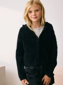 Black Fluffy Zip Through Hoodie (3-16yrs)