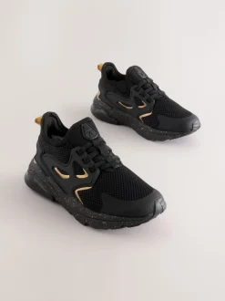 Black/Gold Wide Fit (G) Elastic Lace Trainers