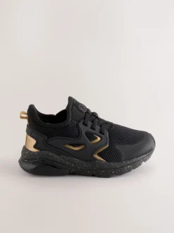 Black/Gold Wide Fit (G) Elastic Lace Trainers