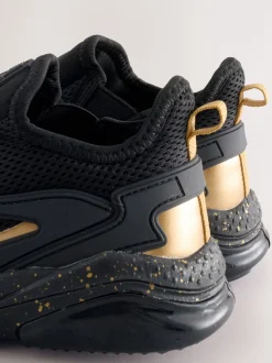 Black/Gold Wide Fit (G) Elastic Lace Trainers