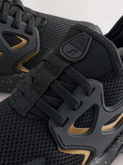 Black/Gold Wide Fit (G) Elastic Lace Trainers