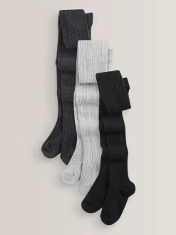 Black/Grey Regular Length Cotton Rich Cable Tights 3 Pack