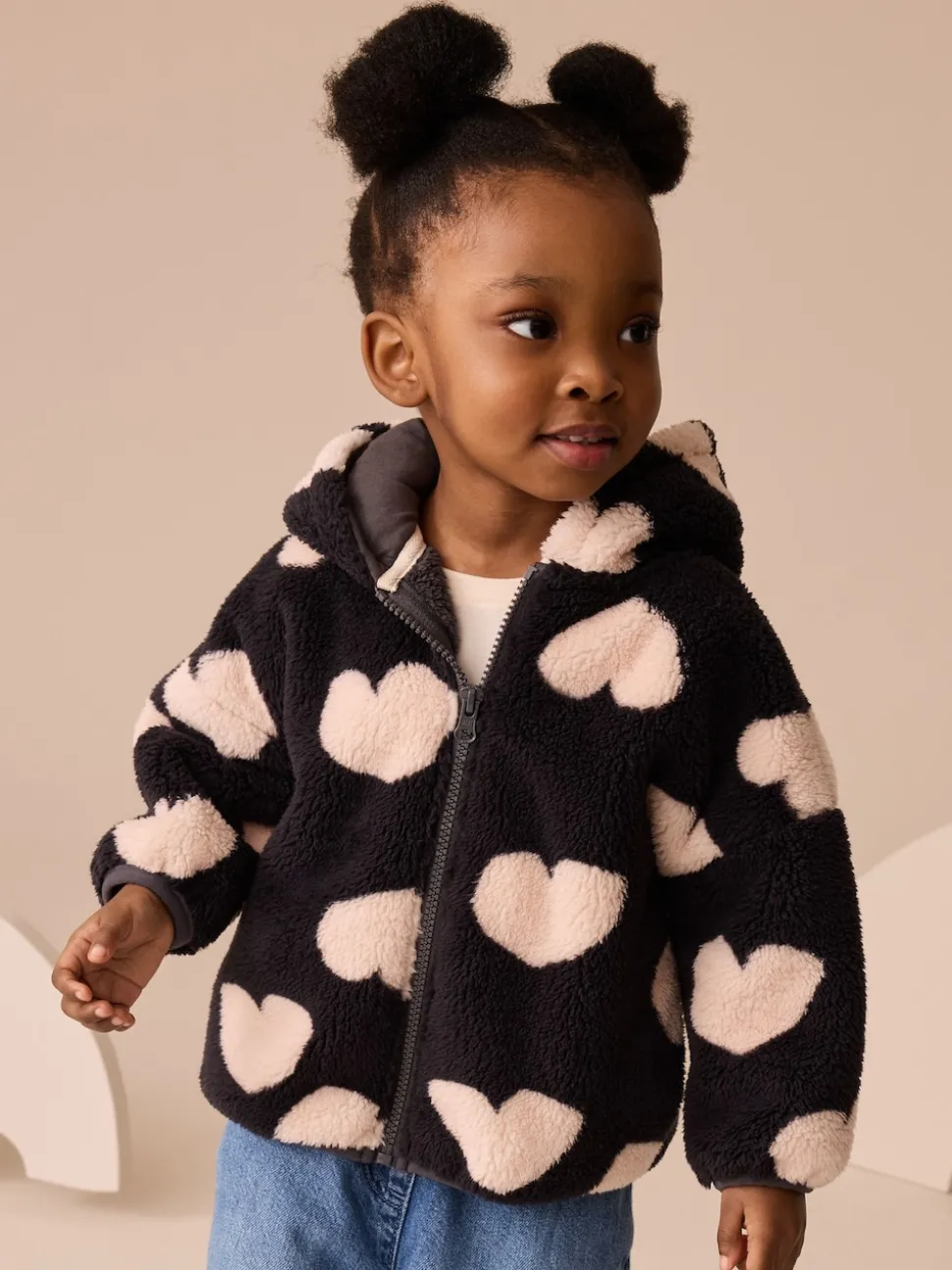 Black Heart Print Zip Through Fleece (3mths-7yrs)
