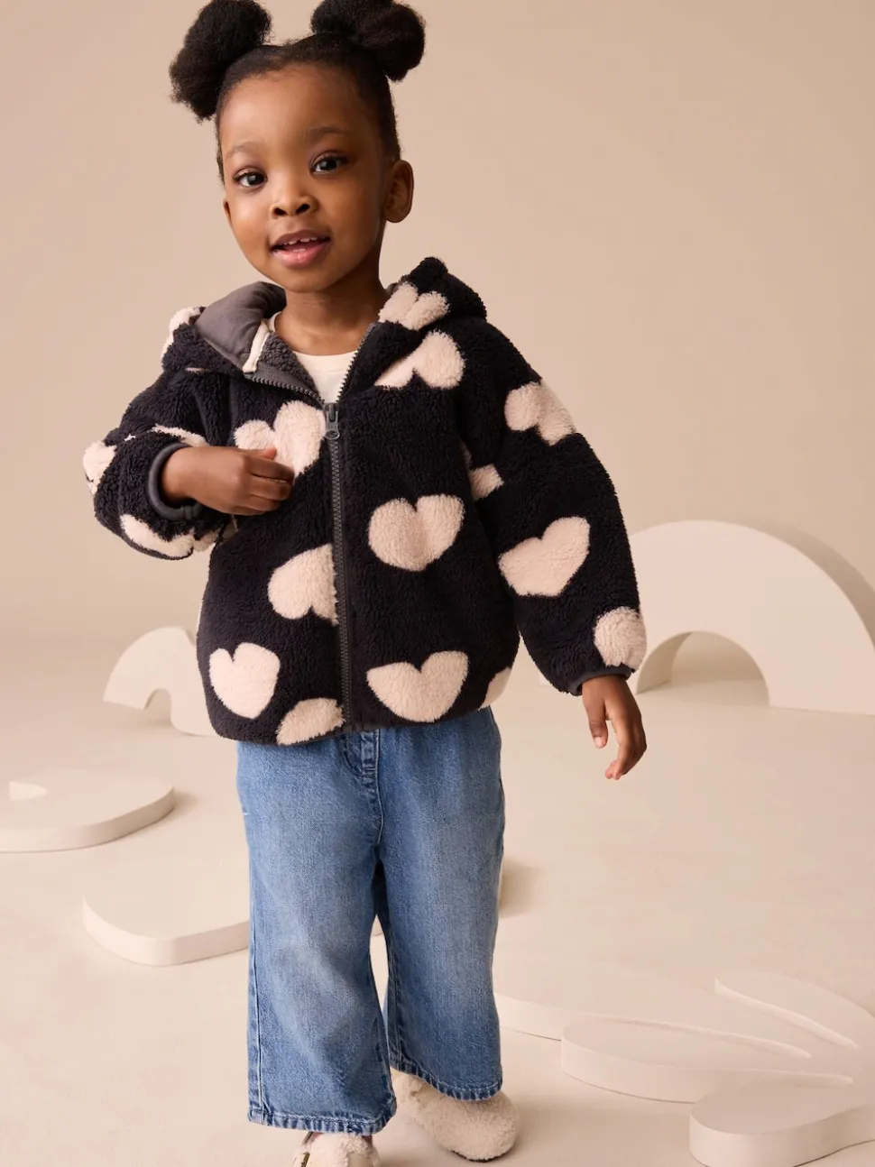Black Heart Print Zip Through Fleece (3mths-7yrs)