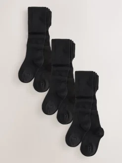 Black Longer Length Cotton Rich School Tights 3 Pack