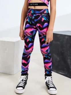 Black Multi Wave Sports Leggings (3-16yrs)