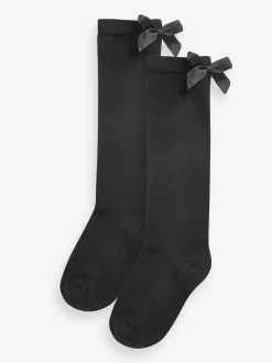 Black 2 Pack Cotton Rich Bow Knee High Socks