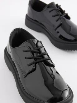 Black Patent Narrow Fit (E) School Chunky Lace-Up Shoes